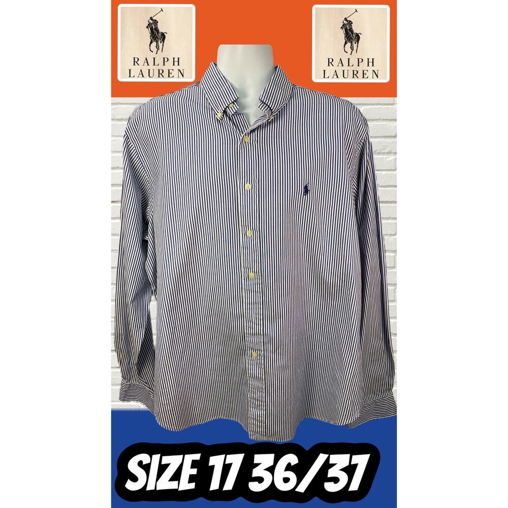 Polo Ralph Lauren Shirt Mens XL 17.5 36/37 Classic Fit Blue White Stripe
